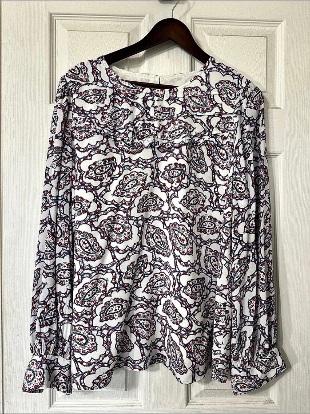 Talbots Red & Blue Paisley Ruffle Yoke Blouse - Size 14